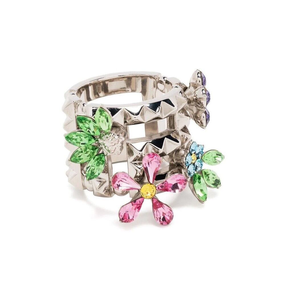 NIB Versace Silver Tone Ring 15 US 7 Greca Multi Color Crystal Flower Bloom $675